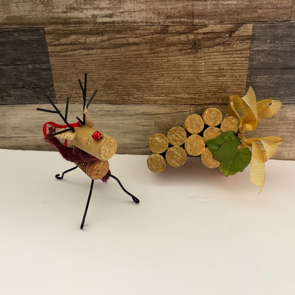 Handmade Wine Cork Christmas Ornaments Reindeer and Gold Grapes Set of 2